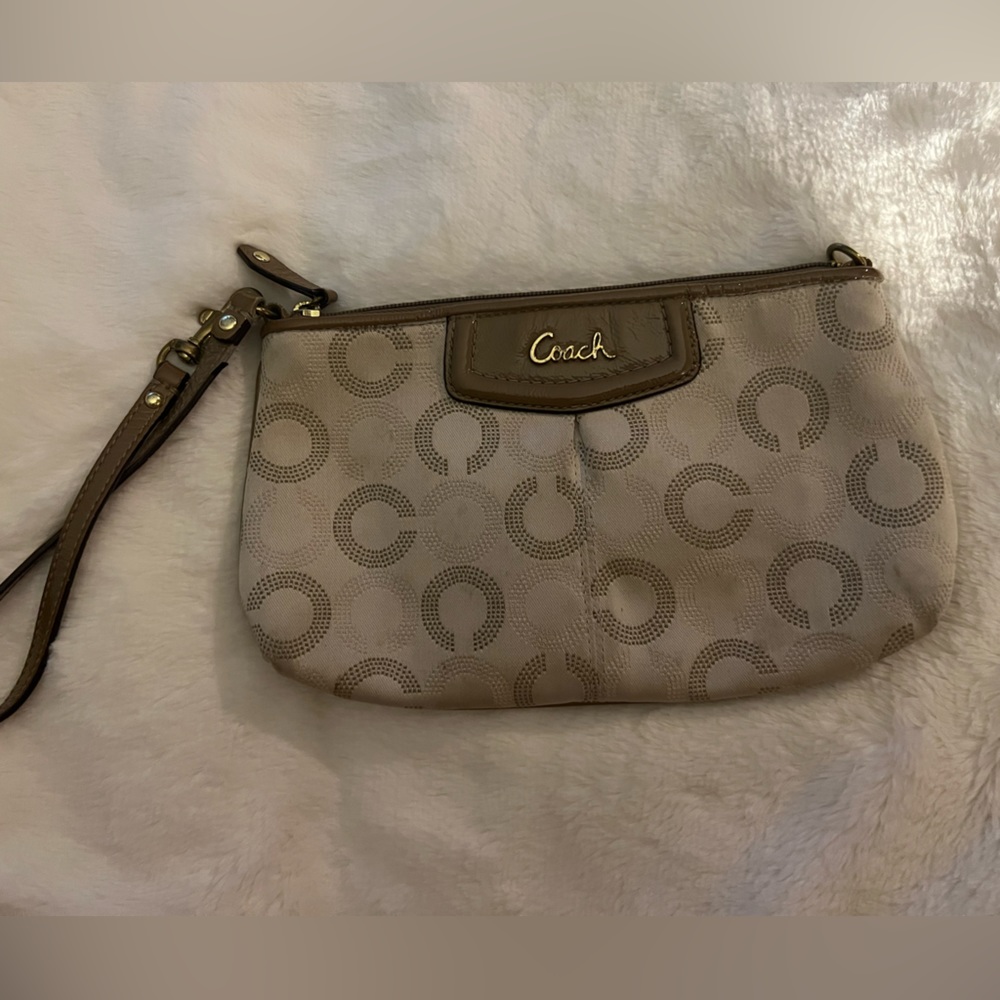 Coach ASH DOT Signature Monogram Khaki Taupe Mixed Media Large Wristlet